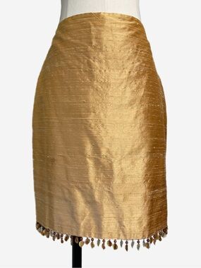 Muse Gold raw silk textured mini skirt beaded fringe beachy tropical sunset 4
